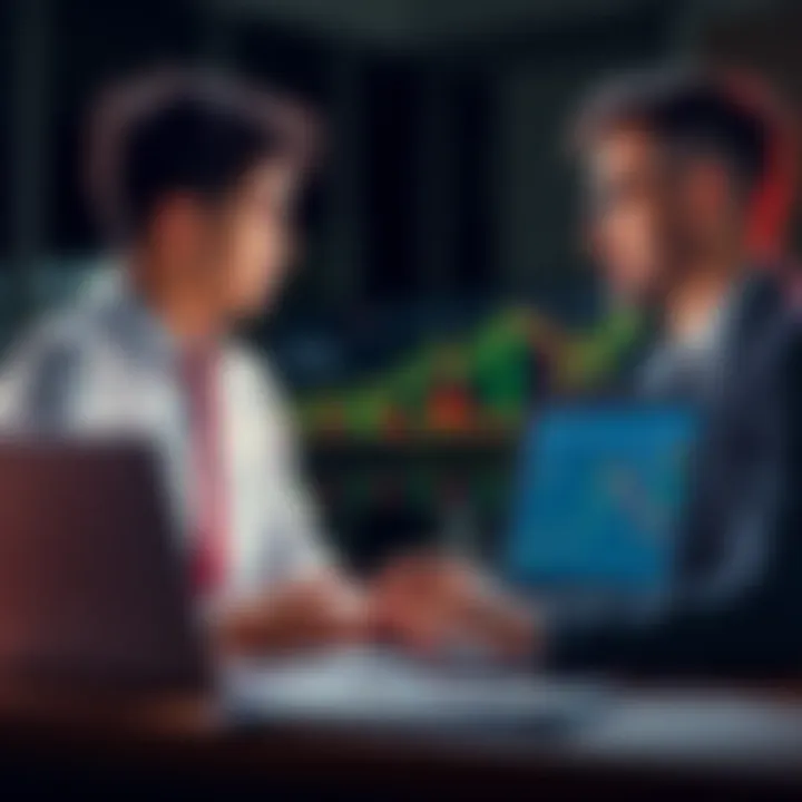 A lawyer talks to a 15-year-old client about investing money, with a laptop displaying cryptocurrency charts in the background.