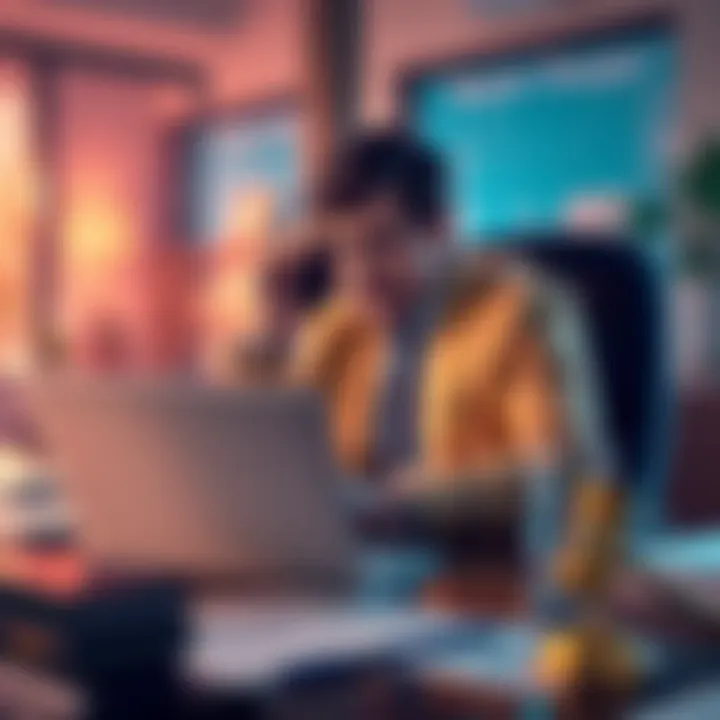 A person sitting at a desk with a laptop, looking concerned while speaking on the phone, surrounded by documents related to cryptocurrency law