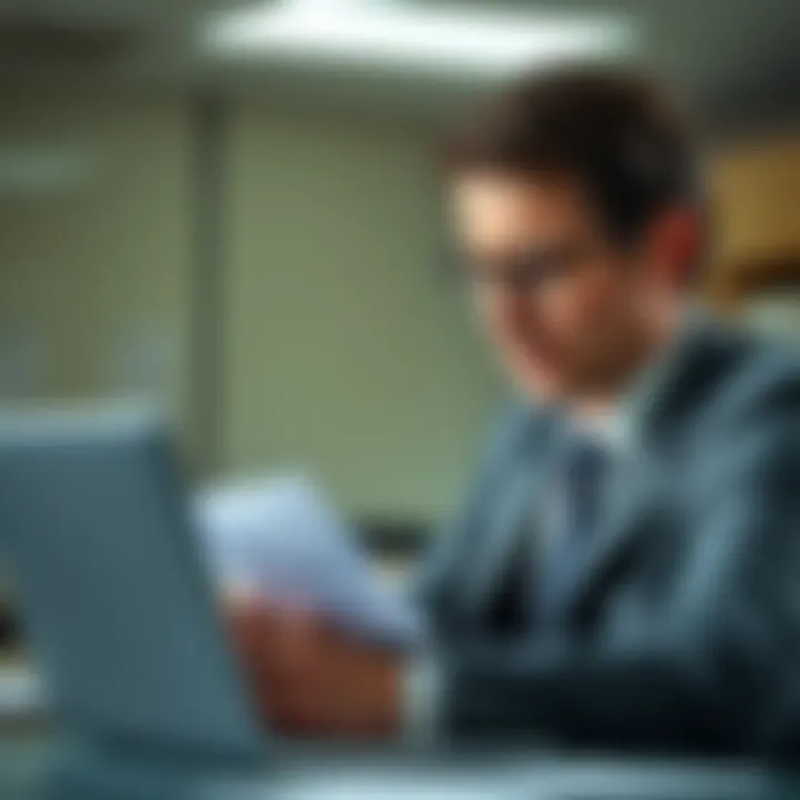 A European lawyer looking concerned while reading an email on a laptop, symbolizing confusion over crypto communications.