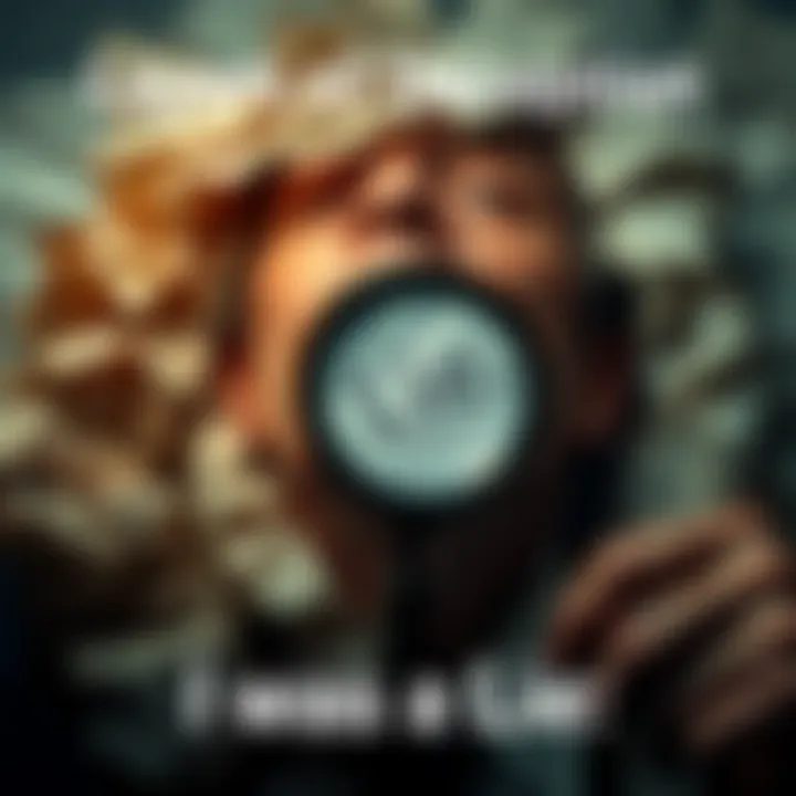 A person looking through a magnifying glass at crumpled papers with the word 'lie' written on them, symbolizing the search for truth in misinformation.
