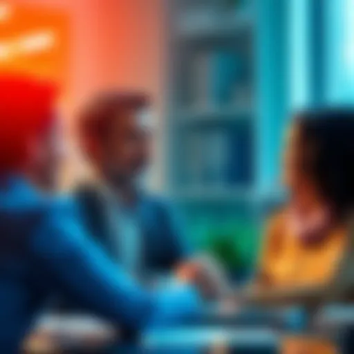 A leader in a business meeting listens attentively to team members, encouraging a collaborative atmosphere without showing ego.