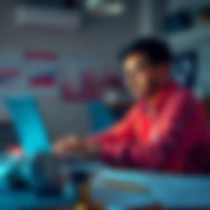 A person studying cryptocurrency concepts on a laptop, surrounded by notes and charts, looking thoughtful about investment.