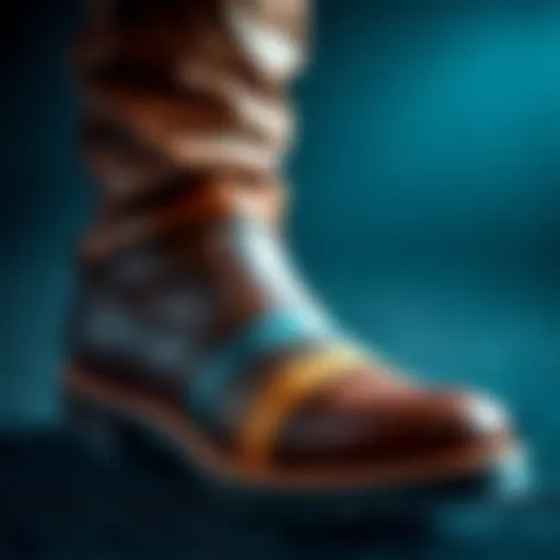 A close-up of a boot showing different types of leather materials for customization, highlighting the lower part of the boot with various colors and textures.