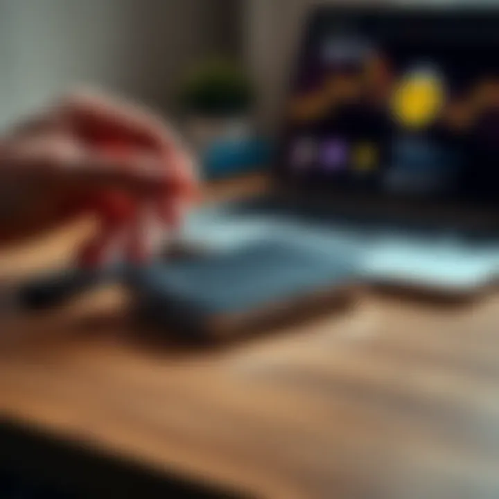 A sleek Ledger Flex cold wallet resting on a wooden table, with a hand holding it and a laptop in the background showing security features.