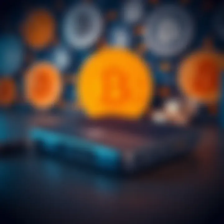 A close-up view of a Ledger hardware wallet with Bitcoin logos in the background