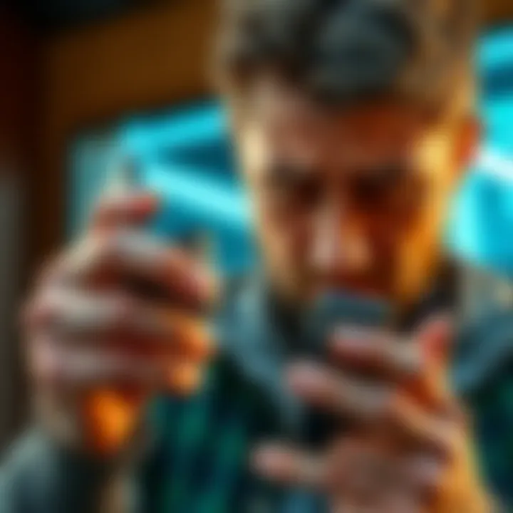 A person looks disappointed while holding a malfunctioning Ledger Nano X hardware wallet, showing signs of wear and battery issues.