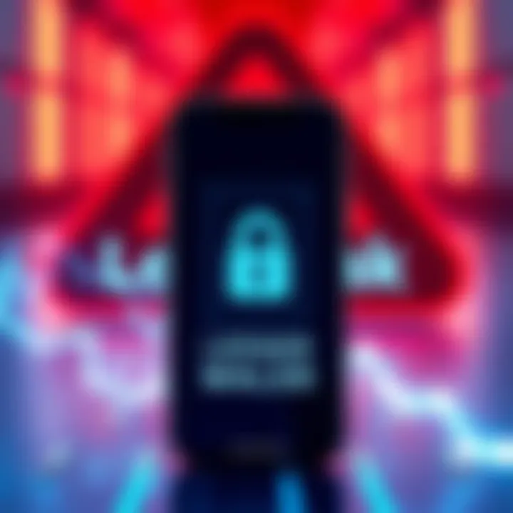 A graphic showing a warning sign and a smartphone displaying a Ledger wallet with a lock symbol, emphasizing security concerns after a data leak.