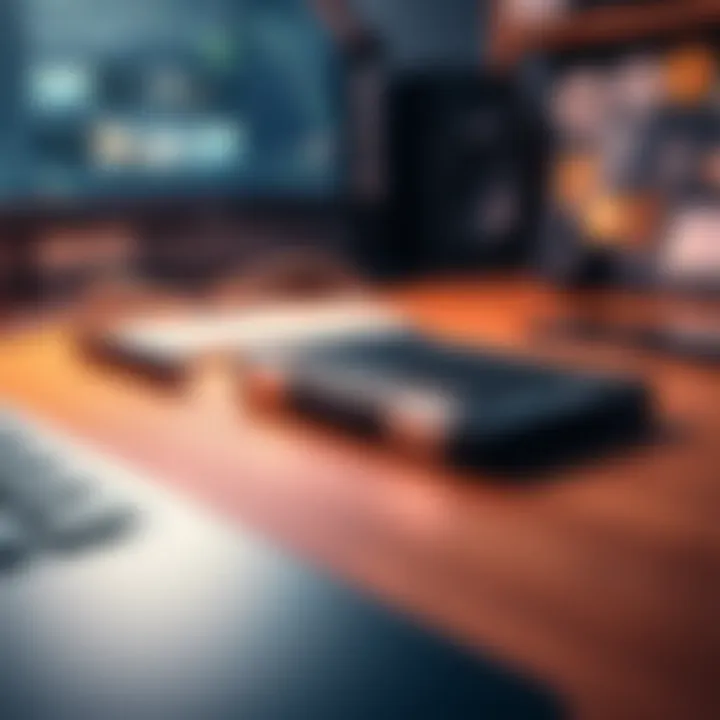 A close-up of a Ledger wallet resting on a wooden desk with a computer and some cryptocurrency stickers in the background