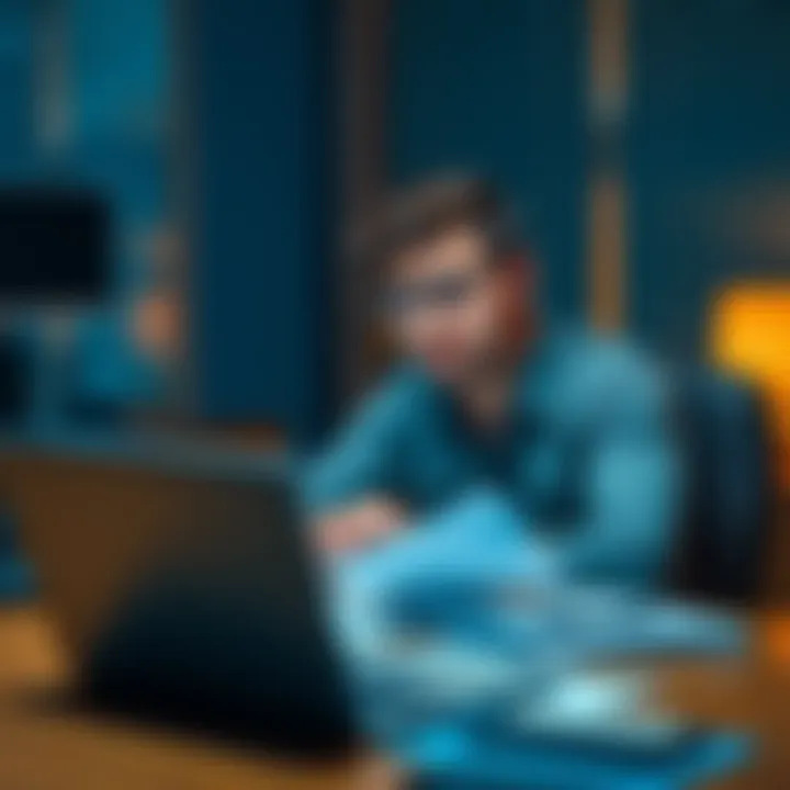 A person sitting at a desk with papers and a laptop, looking concerned about frozen funds in a legal dispute with Bitstamp