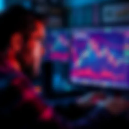 A person looking at a computer screen displaying crypto trading charts with concerned expression