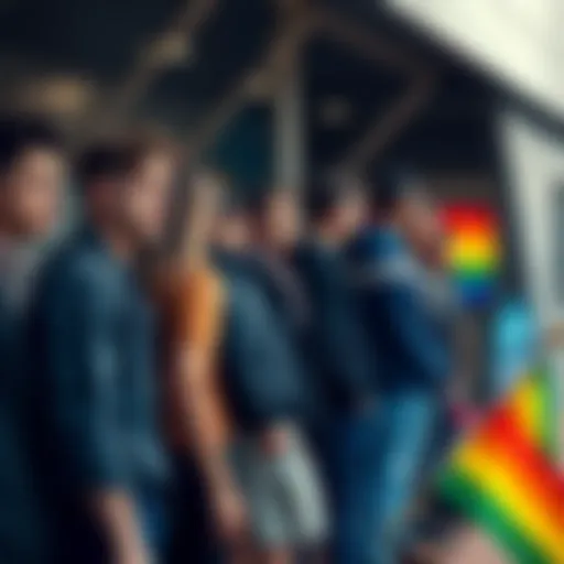 A diverse group of people waiting outside a public restroom, showing varying expressions of concern and support for inclusion, with a rainbow flag displayed nearby.