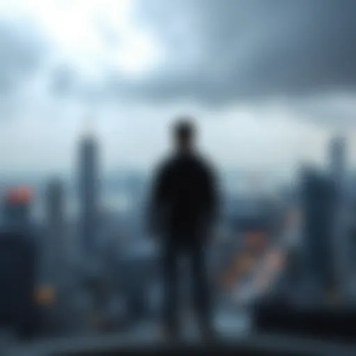 A person standing alone, looking out at a gray city skyline, representing feelings of isolation and coping in modern life.