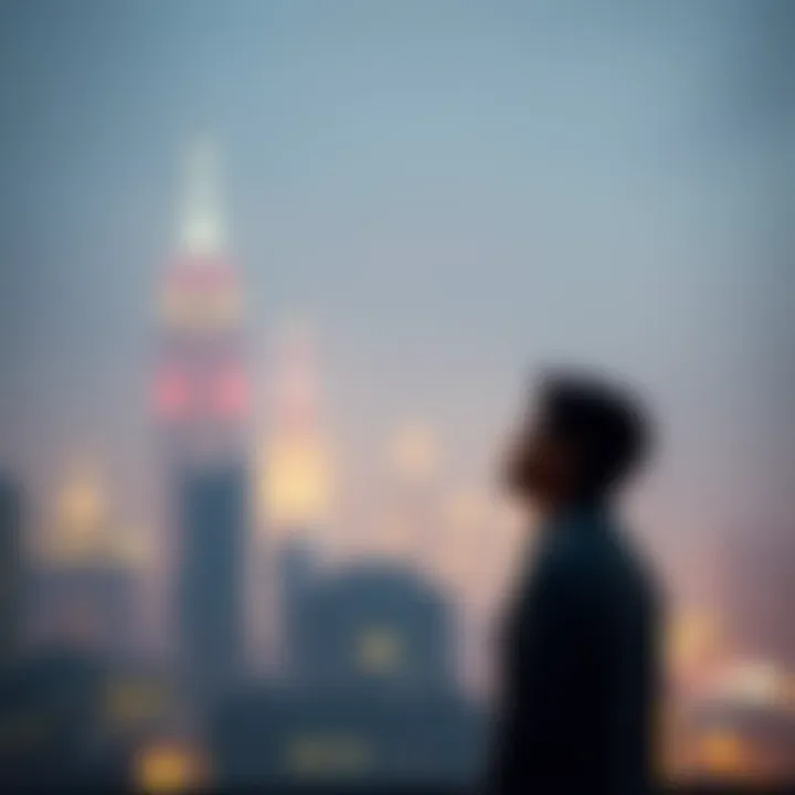 A person looking contemplative, standing in front of a foggy cityscape, representing life's recurring challenges and emotional impacts.