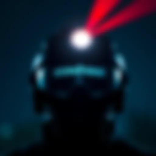 A lightweight helmet mounted with a compact light that emits red, white, and infrared beams.