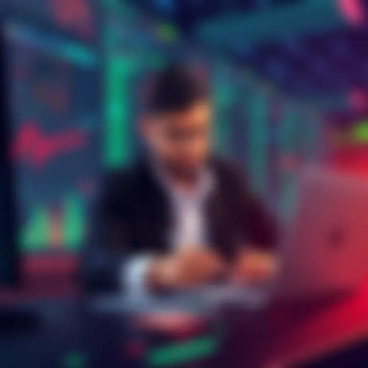 Limit Sell Trading Illustration A trader setting up limit sell orders on a digital trading platform, highlighting profit-taking strategies in the background.