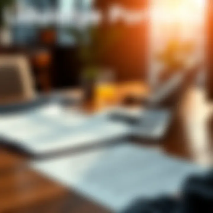 A person reviewing their investment documents with a laptop and a land purchase agreement on the table, symbolizing the decision to liquidate investments for buying land.