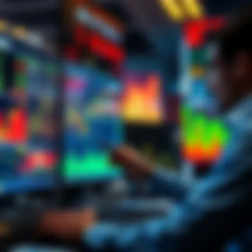 A trader analyzing charts and graphs on a screen, focusing on critical points related to liquidation prices in perpetual trading