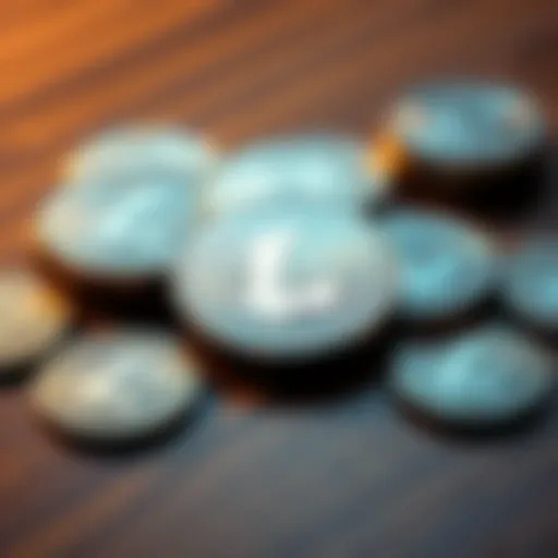 A close-up of shiny Litecoin coins arranged on a wooden table, representing cryptocurrency market discussions.