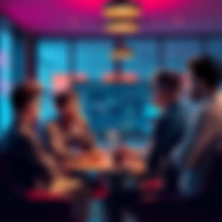 A group of people engaging in a conversation about Litecoin trading strategies in a casual setting with charts and graphs on a screen.