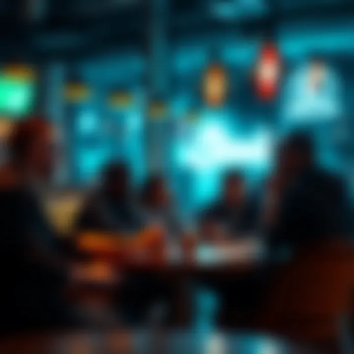 A group of people discussing the future of Litecoin in a coffee shop setting.