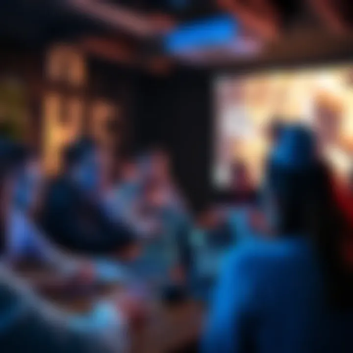 A group of people discussing Litecoin at a meetup, with laptops and smartphones showing cryptocurrency information on screens.