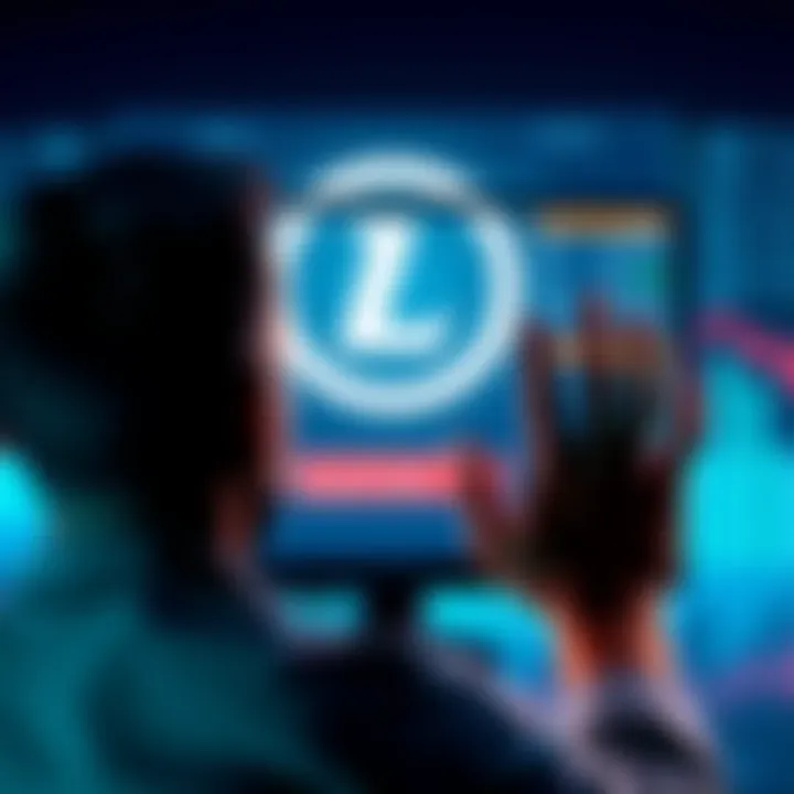 A person looking at a computer screen displaying a Litecoin logo with a message indicating funds on hold.