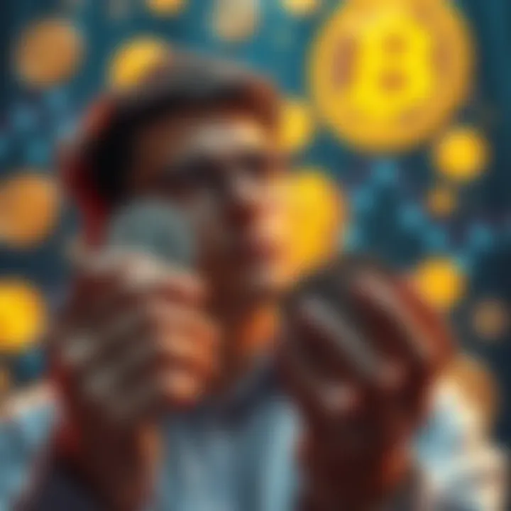 A reflective individual holding Litecoin coins, contemplating a shift to Bitcoin, with a backdrop of digital currency symbols
