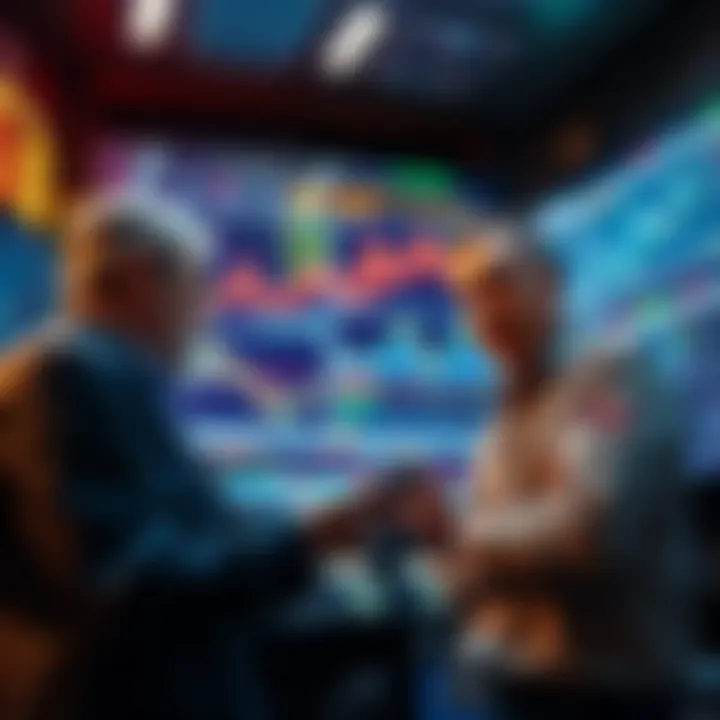 Traders discussing Litecoin market insights with charts and graphs on a digital screen