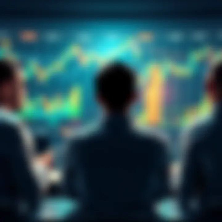 People discussing Litecoin trading strategies with charts and graphs in the background