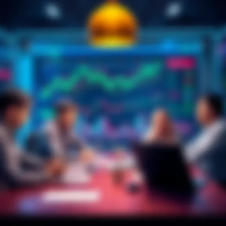 A group of people engaging in discussion about Litecoin trading strategies and market trends at a table with charts and laptops.