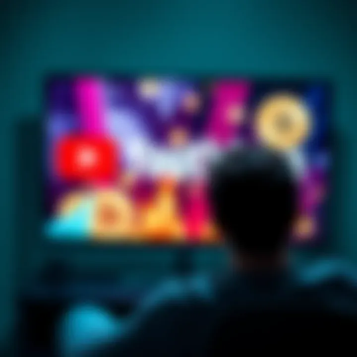 A person watching cryptocurrency content on YouTube, with Litecoin symbols and coins visible on the screen.