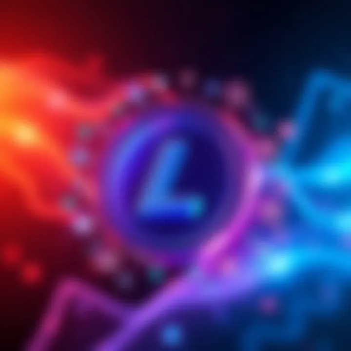 LitecoinVM transaction milestone Visual representation of LitecoinVM logo with digital transaction icons around it, signifying over 40 million transactions in 7 weeks.