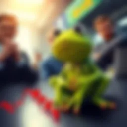 A small green frog with a worried expression sits on a financial chart showing a downward trend, representing market losses. Investors in the background are looking concerned.