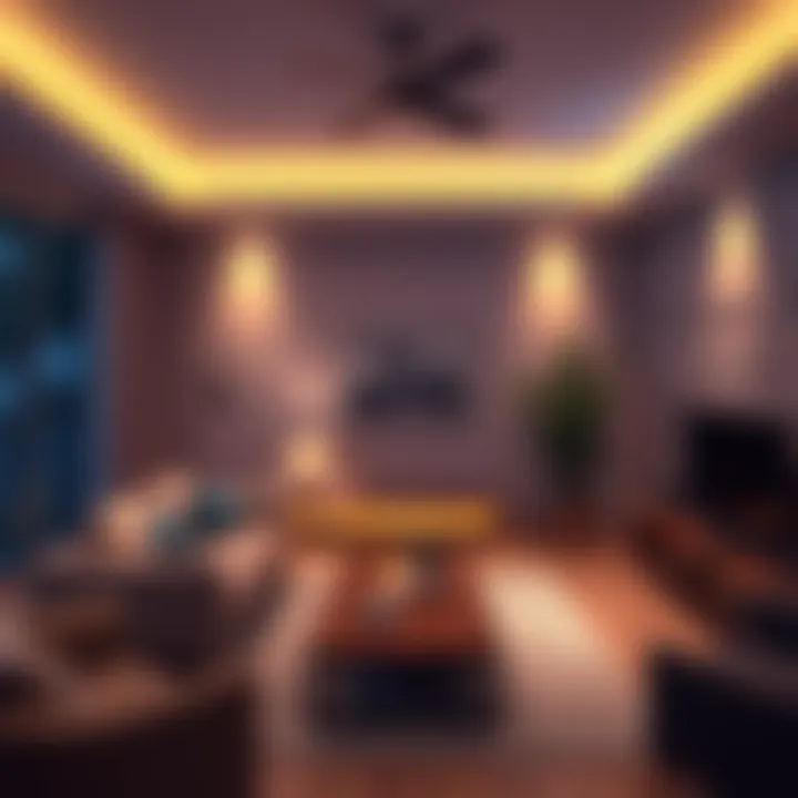 A cozy living room featuring soft ambient lights that create a warm atmosphere