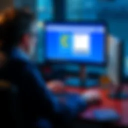 A business person at a desk looking at a computer screen showing the Coinbase website with a focus on account registration.