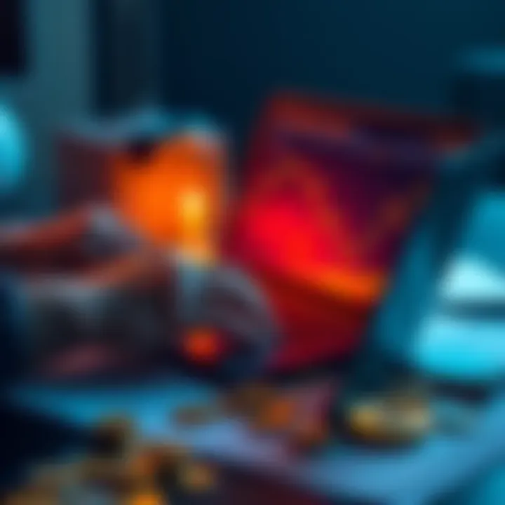 A person calculating finances with a laptop open to a crypto trading platform, piles of coins and a loan document beside them.