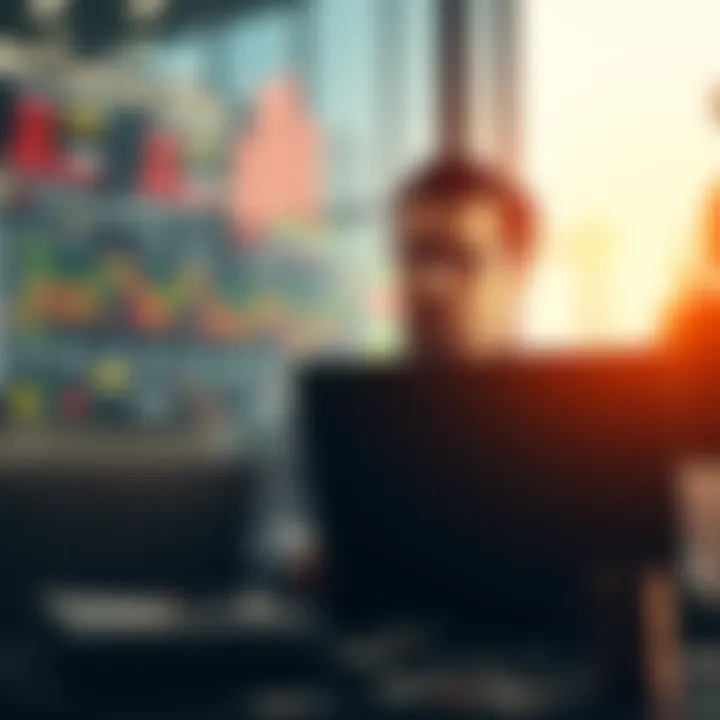 A person considering a loan while looking at stock market charts on a laptop, with money symbols around them.