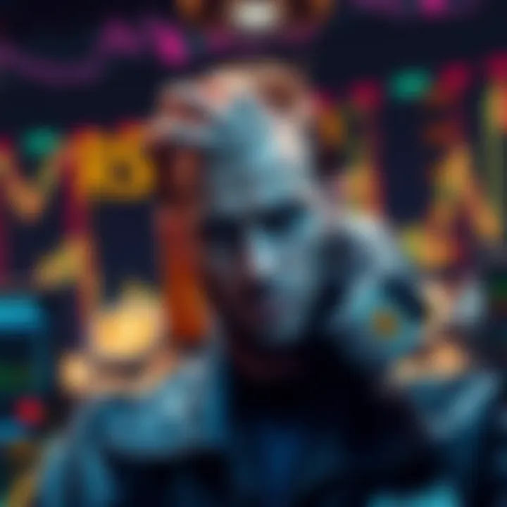 A visual representation of a frustrated trader dealing with locked accounts on a cryptocurrency exchange, illustrating the struggle and suspicion around fund recovery.