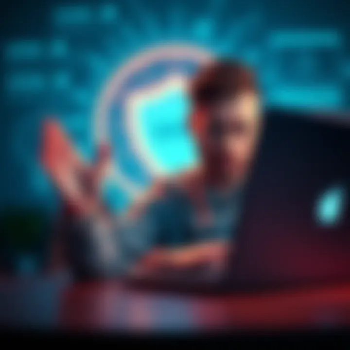 Person struggling with login on laptop Individual looking frustrated while trying to login on a laptop with a VPN symbol in the background