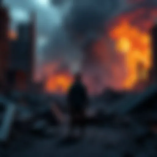 A man stands amidst the ruins of a destroyed city, reflecting on his loss and resilience