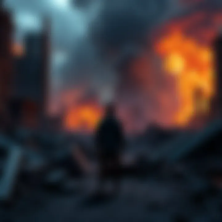 A man stands amidst the ruins of a destroyed city, reflecting on his loss and resilience