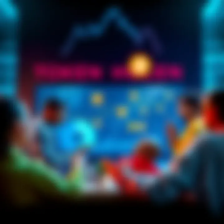 A group of diverse people discussing cryptocurrency and tokens, surrounded by charts and graphs, symbolizing teamwork and engagement.