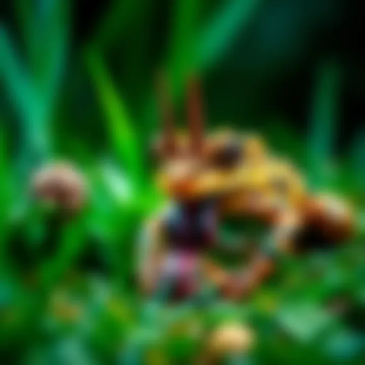 Long Nose Horned Frog Eating A long nose horned frog with its distinctive nose eating a prey in a lush green setting