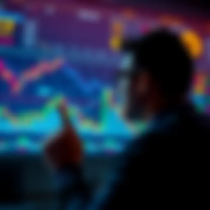 A person contemplating their crypto investment strategy, weighing long-term holding against active trading, with charts and digital coins in view.