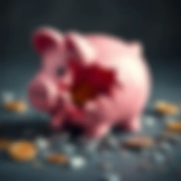 Loss from Micro-Investment in Bitcoin A shattered piggy bank representing lost funds from a tiny Bitcoin investment