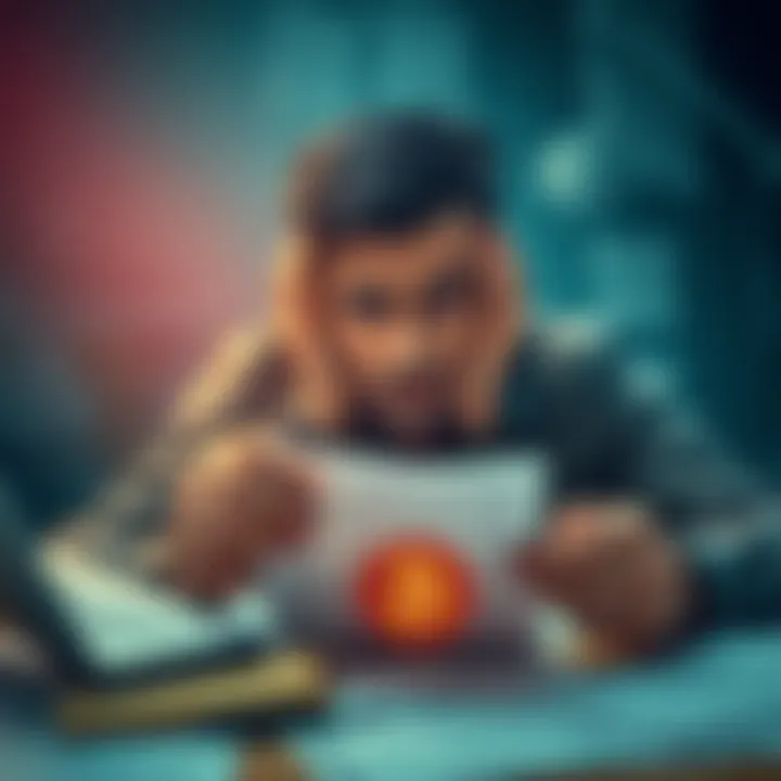 A person searching for a lost paper wallet with a Bitcoin symbol on it, looking frustrated and worried, surrounded by papers and digital devices.