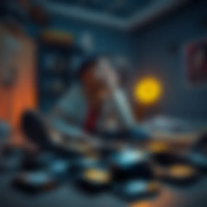 A young adult sitting on the floor, looking stressed with scattered hard drives around them, reflecting on lost cryptocurrency.