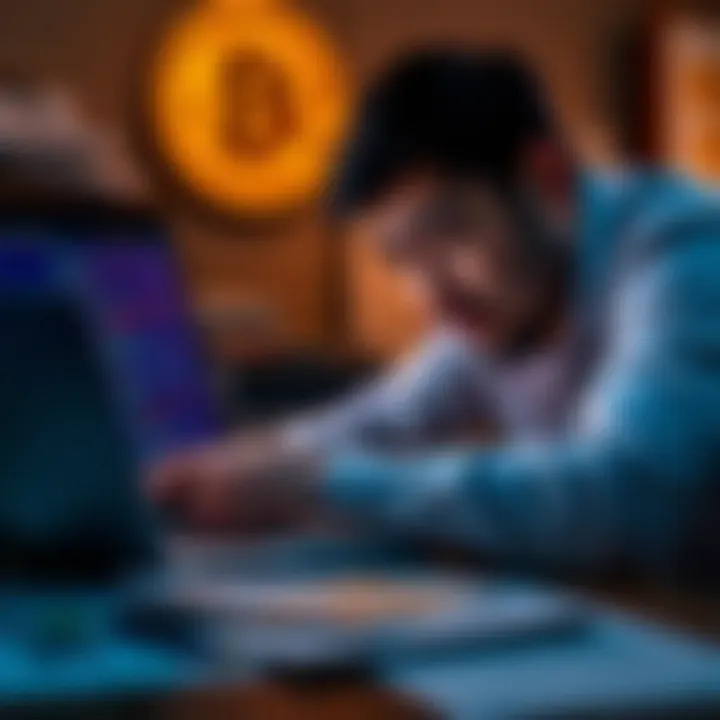A worried person looking at a laptop screen with Bitcoin logos and old contest documents on the desk