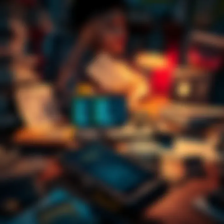 A person searching through a cluttered desk for a lost crypto wallet, with an old phone displaying secret phrases on the screen.