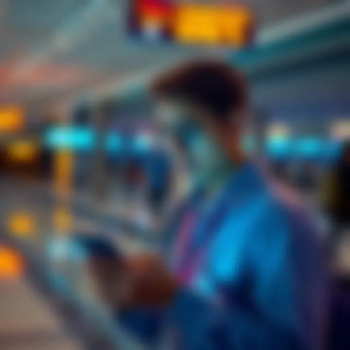 Lounge Key Reservation Issue A frustrated traveler at an airport trying to reserve a lounge on a smartphone, looking confused.